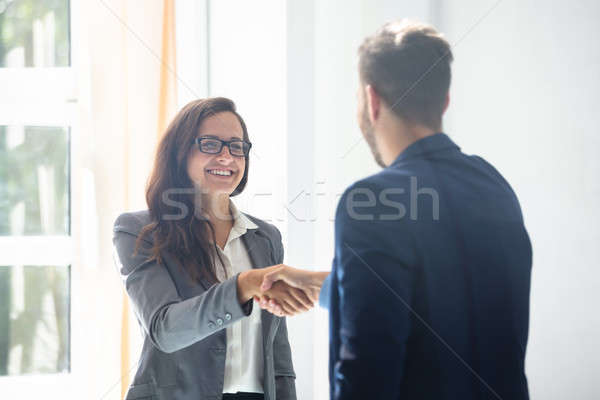 ストックフォト: 女性実業家 · 握手 · パートナー · 笑みを浮かべて · 小さな · オフィス