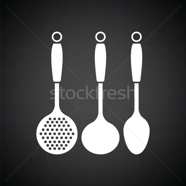 ковш набор икона черно белые продовольствие ресторан Сток-фото © angelp