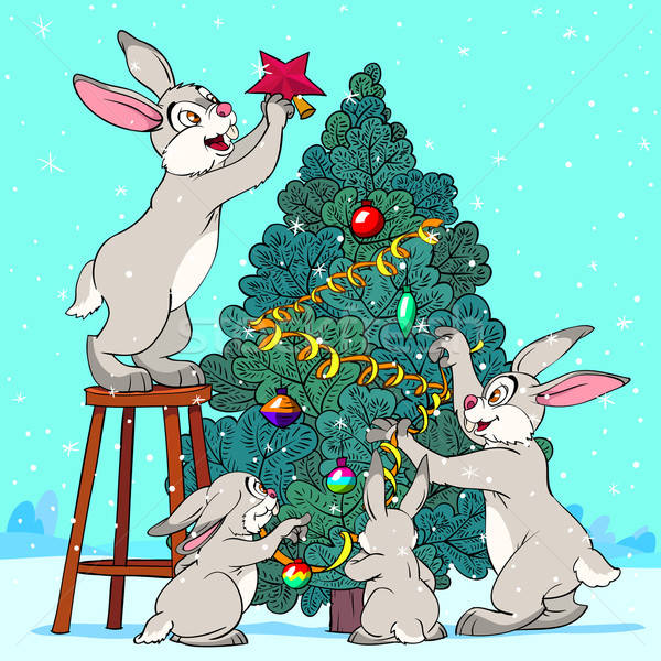 Hase Kiefer Familie Kaninchen Weihnachten Baum Stock foto © animagistr
