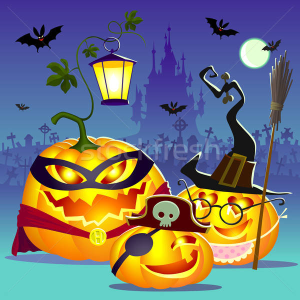 Halloween fericit de familie dovleci castel Lună zâmbet Imagine de stoc © animagistr