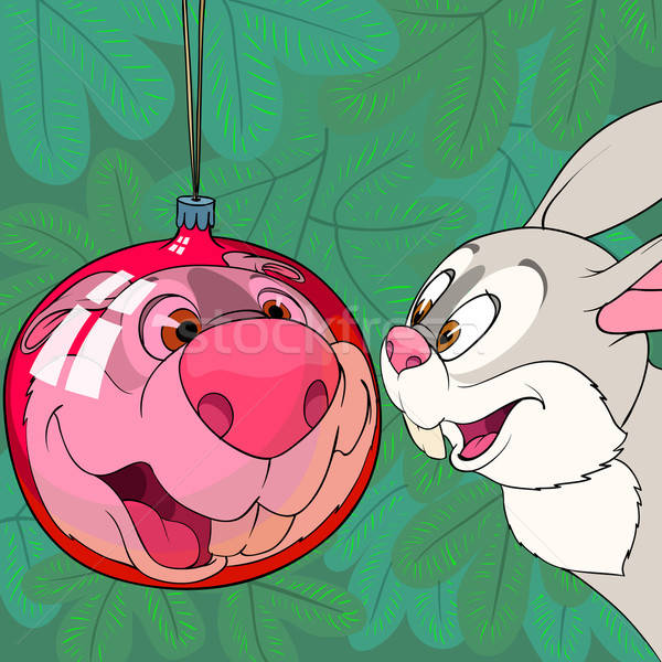 Conejo Navidad pelota mirando reflexión rojo Foto stock © animagistr