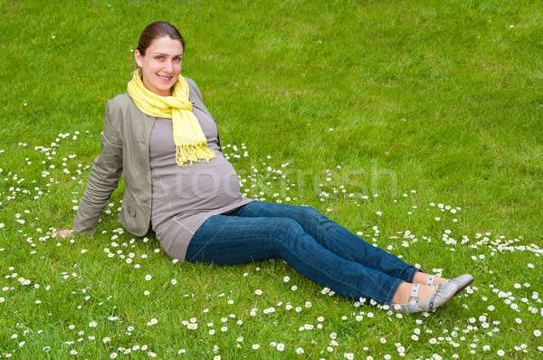 Piękna kobieta w ciąży relaks parku zielona trawa kobieta Zdjęcia stock © anmalkov