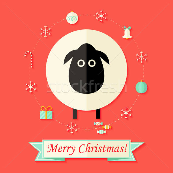 Christmas Card with Sheep over Red Stock photo © Anna_leni