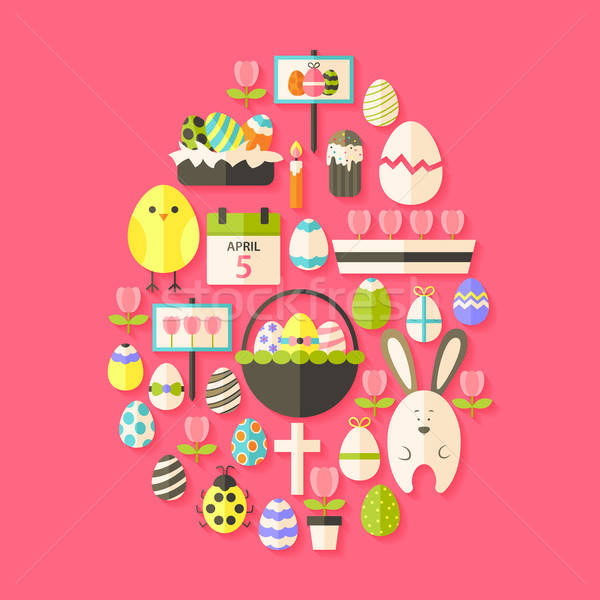 Easter Flat Icons Set Egg shaped with shadow over dark pink Stock photo © Anna_leni