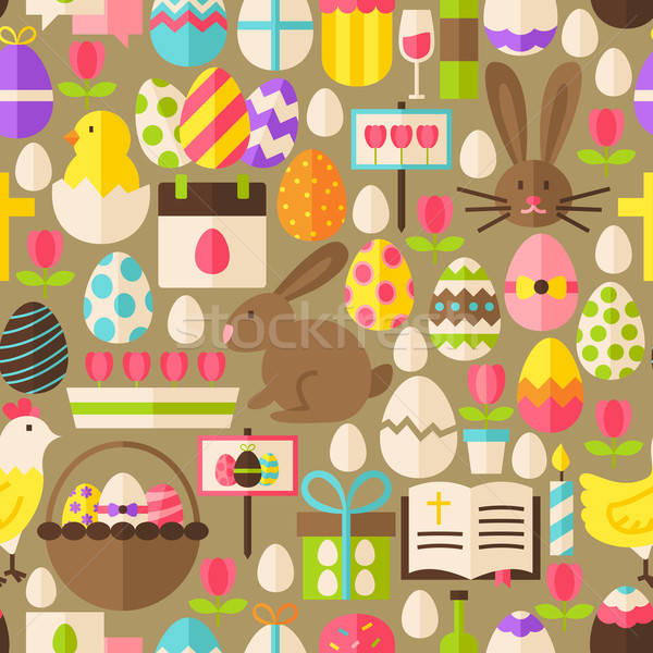 Stock photo: Happy Easter Vector Flat Design Brown Seamless Pattern