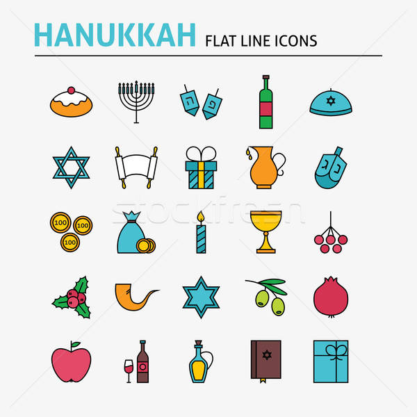 Jewish Hanukkah Colorful Flat Line Icons Set Stock photo © Anna_leni