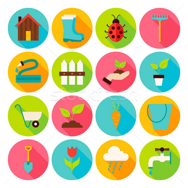 Stock photo: Spring Garden Circle Icons Set with long Shadow