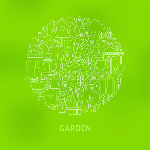 Thin Line Green Gardening and Flowers Icons Set Circle Concept Stock photo © Anna_leni
