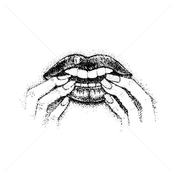 [[stock_photo]]: Mordre · clous · bouche · lèvres · doigts · dessinés · à · la · main