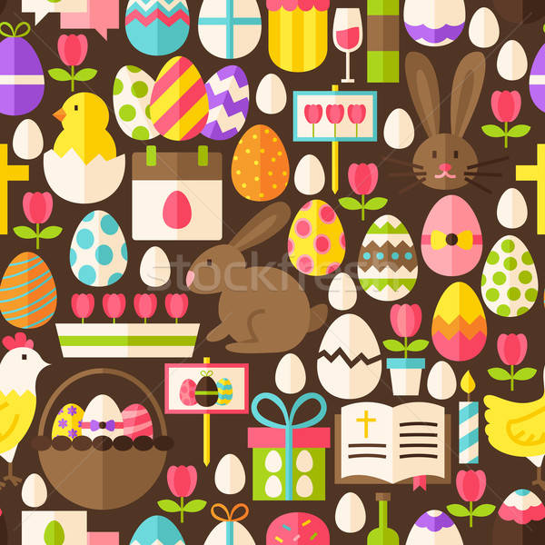 Happy Easter Vector Flat Design Dark Brown Seamless Pattern Stock photo © Anna_leni