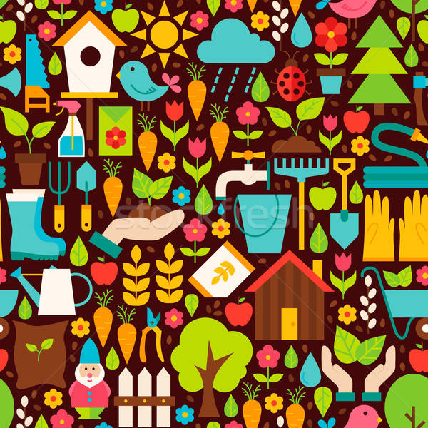 Spring Garden Vector Flat Design Brown Seamless Pattern Stock photo © Anna_leni