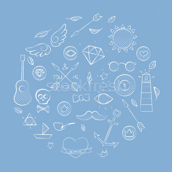 Hand drawn set of hipster elements over blue Stock photo © Anna_leni