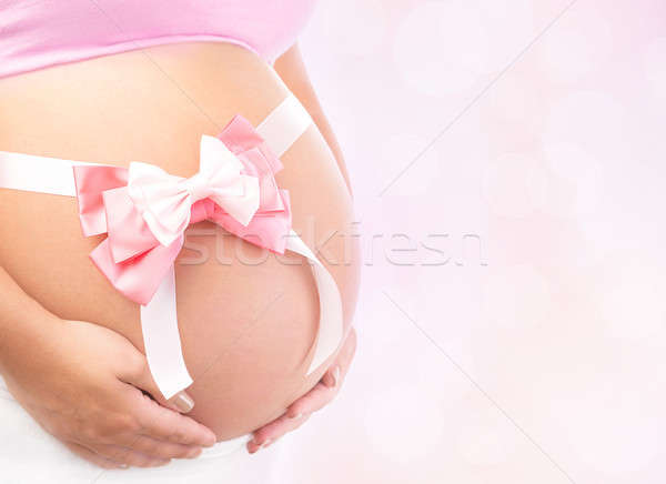 Lány közelkép fotó pocak terhes nő rózsaszín szalag Stock fotó © Anna_Om