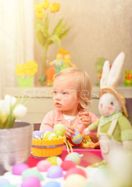 Stockfoto: Verf · paaseieren · aanbiddelijk · meisje · eieren · voorjaar