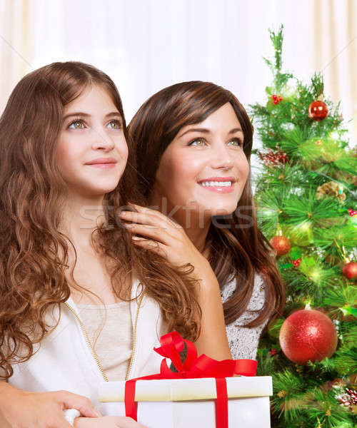 Foto stock: Navidad · regalo · retrato · alegre · madre · hija