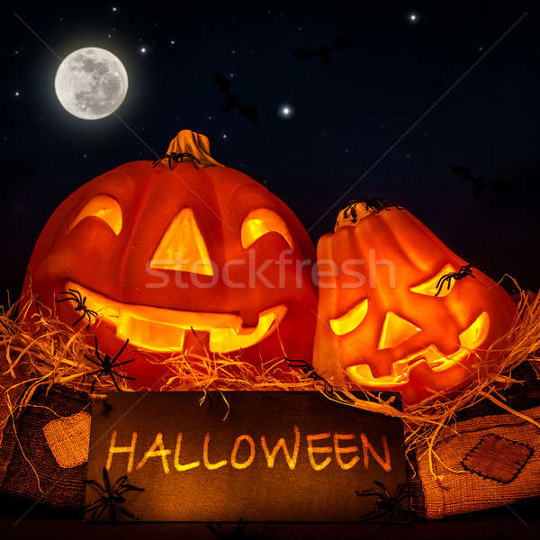 Stock fotó: Halloween · tök · dekoráció · éjszakai · ég · telihold · meghívó · ünnepi