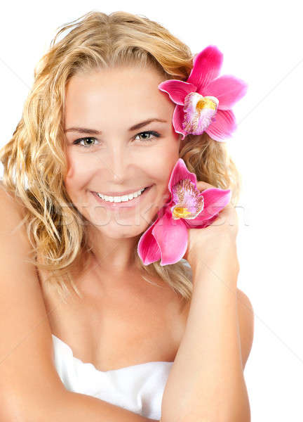 Pretty girl with pink flowers Stock photo © Anna_Om