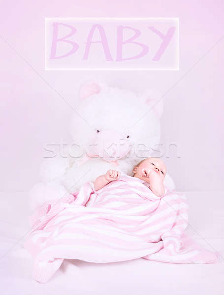 Stockfoto: Pasgeboren · baby · teddybeer · bed · cute · roze