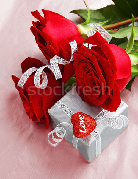 Beautiful roses with gift box & heart Stock photo © Anna_Om