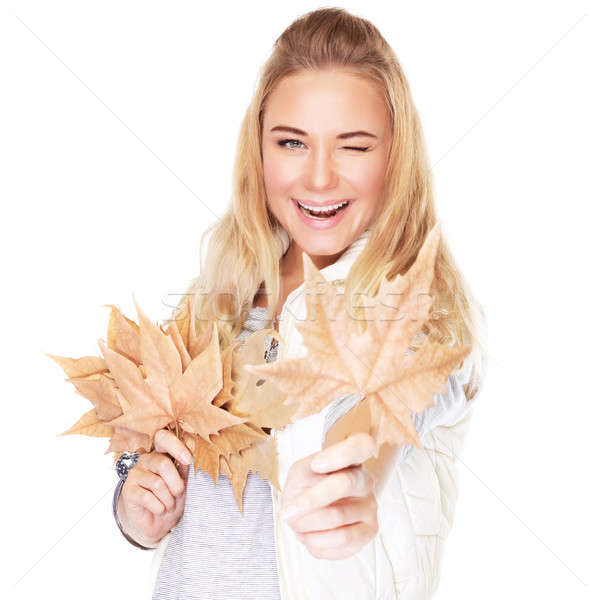 Foto stock: Alegre · menina · secar · folhas · retrato · bonitinho