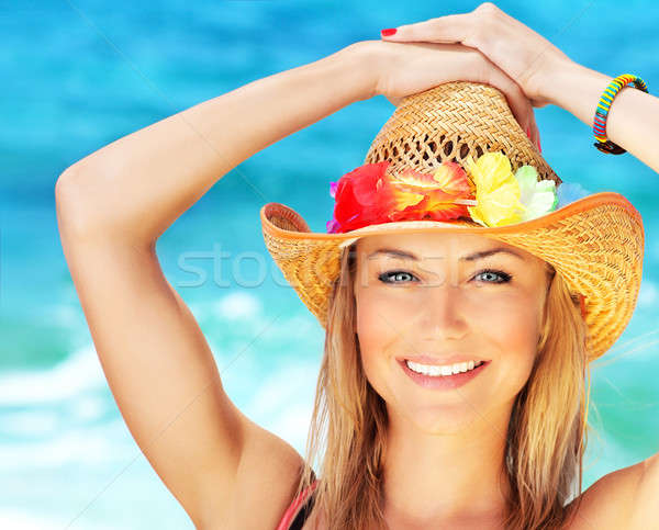 Stok fotoğraf: Mutlu · genç · kadın · plaj · güzel · kadın · yüz