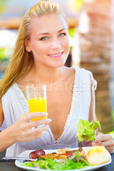 Foto stock: Almuerzo · aire · libre · primer · plano · retrato · hermosa · jóvenes