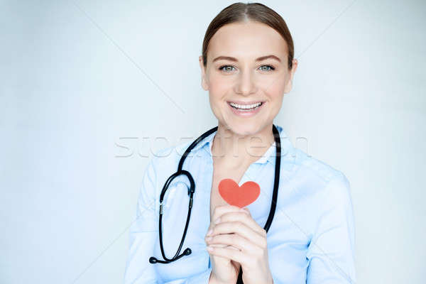 Foto stock: Retrato · cardiólogo · médico · feliz · mujer · sonriente