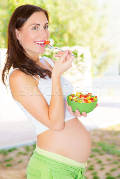 Сток-фото: беременна · девушки · завтрак · Cute · кухне · домой