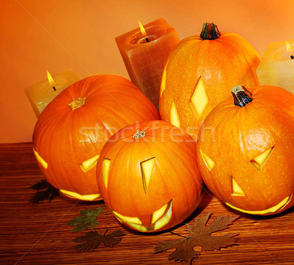 Stockfoto: Halloween · pompoenen · kaarsen · warm · najaar