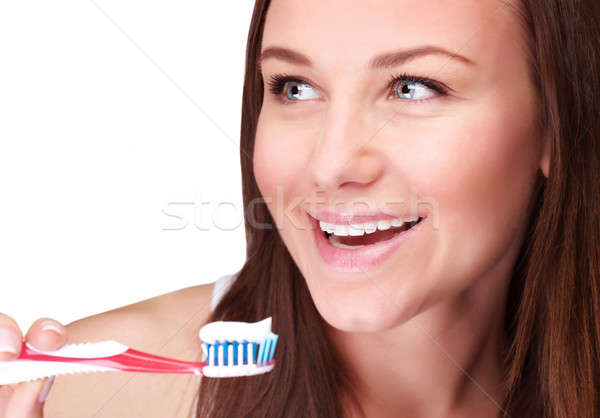 Foto stock: Bastante · menina · limpar · dentes · retrato