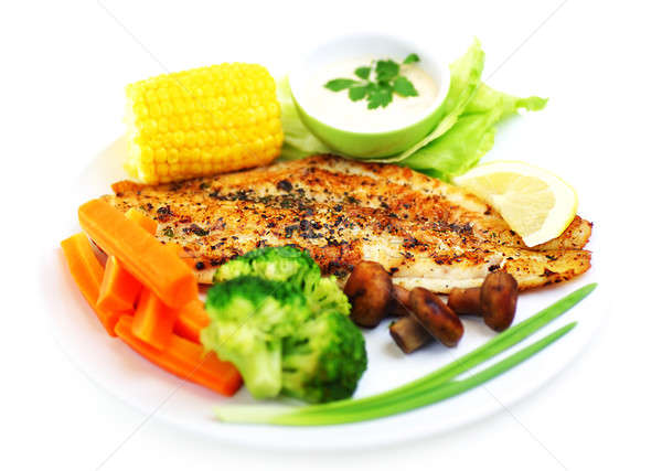 Stock foto: Lecker · Fisch · Filet · gesunden · gedämpft · Gemüse