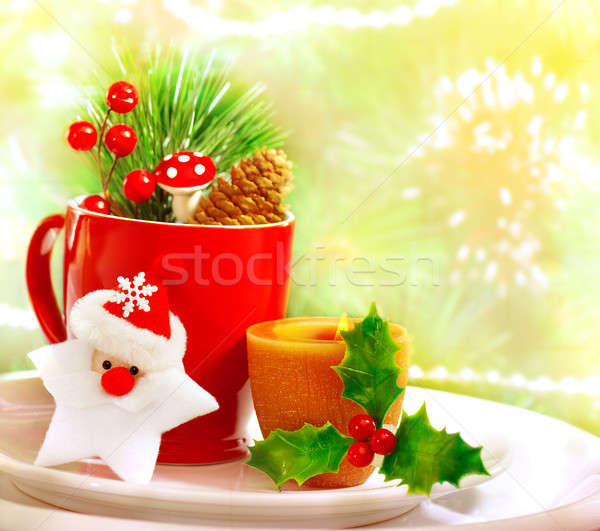 Karácsony eszköz szett keret piros teáscsésze Stock fotó © Anna_Om