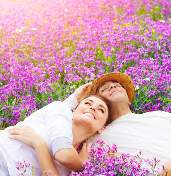 Stock photo: Happy lovers on lavender glade