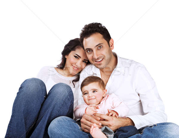 Stok fotoğraf: Mutlu · genç · aile · portre · aile · yalıtılmış · beyaz