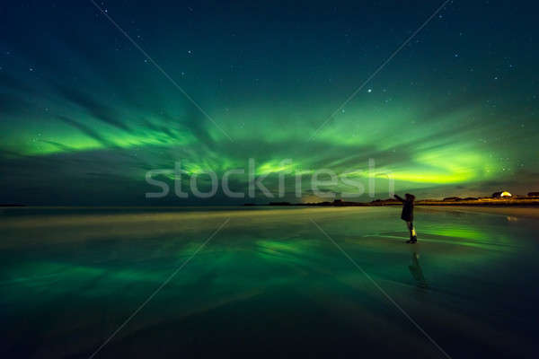 Elképesztő kilátás északi fények gyönyörű zöld Stock fotó © Anna_Om