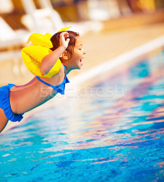 [[stock_photo]]: Petite · fille · sautant · piscine · actif · mode · de · vie · sweet