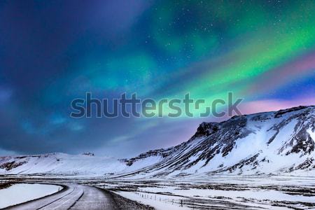 Mooie noordelijk lichten landschap bergen gedekt Stockfoto © Anna_Om