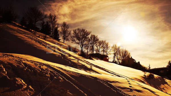 Stockfoto: Winter · zonsondergang · mooie · bergen · landschap · dorp
