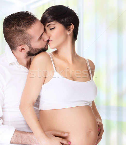 Stockfoto: Jonge · familie · genieten · zwangerschap · portret · liefhebbend
