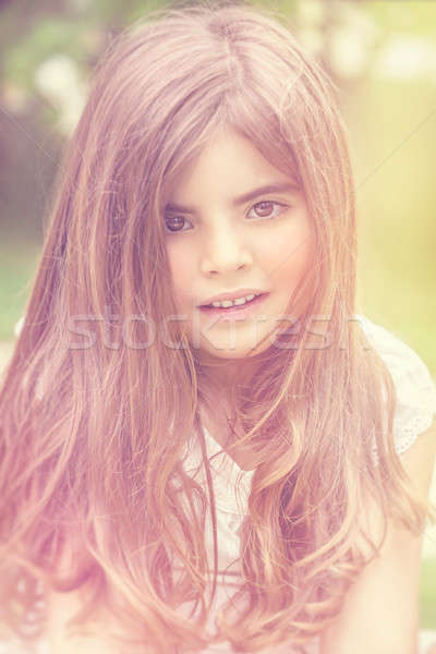 Stock fotó: Gyönyörű · kislány · portré · hosszú · haj · élvezi · tavasz