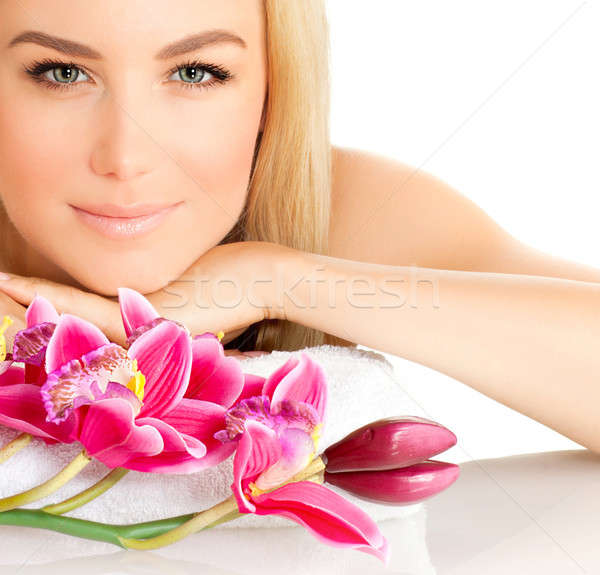 Közelkép portré vonzó nő fürdő rózsaszín orchidea Stock fotó © Anna_Om