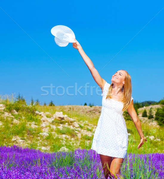 Cute girl dancing on lavender field Stock photo © Anna_Om