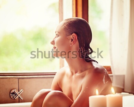 Foto stock: Femenino · lavado · cara · hasta · agua