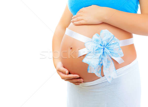 Foto stock: Menino · mulher · abdômen · azul · arco