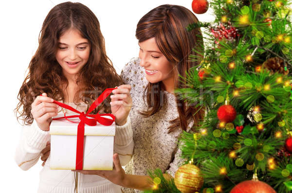 Stok fotoğraf: Açılış · Noel · hediye · portre · kız · anne