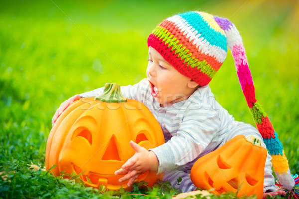 Foto stock: Bonitinho · bebê · halloween · abóboras · pequeno · menino