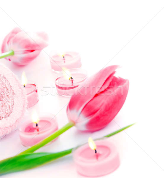 Spa candle with pink tulip flowers Stock photo © Anna_Om