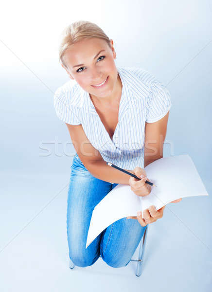 Schoolmeisje schrijven test mooie blond vergadering Stockfoto © Anna_Om