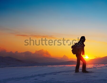 Stock fotó: Nő · utazó · kirándulás · tél · hegyek · trekking