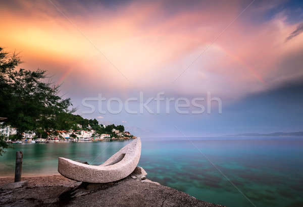 Rainbow over the White Stone Boat and Small Village in Omis Rivi Stock photo © anshar